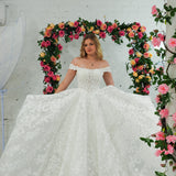 Sparling off the shoulder floral lace wedding dress with a corset back