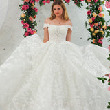 Sparling off the shoulder floral lace wedding dress with a corset back