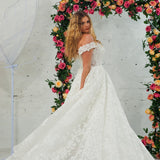 Sparling off the shoulder floral lace wedding dress with a corset back