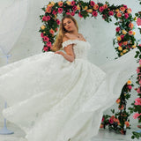 Sparling off the shoulder floral lace wedding dress with a corset back