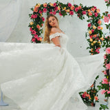 Sparling off the shoulder floral lace wedding dress with a corset back