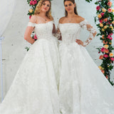 Sparling off the shoulder floral lace wedding dress with a corset back