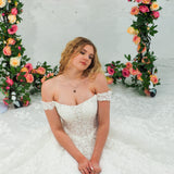 Sparling off the shoulder floral lace wedding dress with a corset back