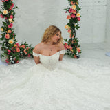 Sparling off the shoulder floral lace wedding dress with a corset back