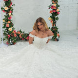 Sparling off the shoulder floral lace wedding dress with a corset back