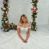 Sparling off the shoulder floral lace wedding dress with a corset back