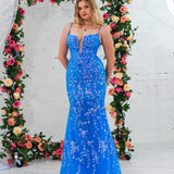 Blue sequin lace V-neckline mermaid dress with boning