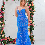 Blue sequin lace V-neckline mermaid dress with boning