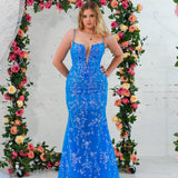 Blue sequin lace V-neckline mermaid dress with boning