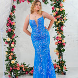 Blue sequin lace V-neckline mermaid dress with boning