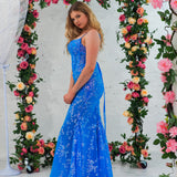 Blue sequin lace V-neckline mermaid dress with boning