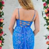 Blue sequin lace V-neckline mermaid dress with boning