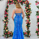 Blue sequin lace V-neckline mermaid dress with boning