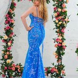 Blue sequin lace V-neckline mermaid dress with boning