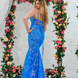 Blue sequin lace V-neckline mermaid dress with boning