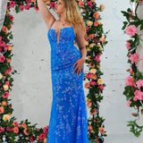 Blue sequin lace V-neckline mermaid dress with boning