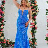 Blue sequin lace V-neckline mermaid dress with boning