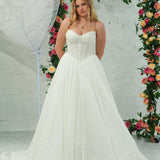 white lace ballgown featuring a strapless sweetheart neckline, basque waistline, corset back, and voluminous crinoline skirt