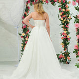 white lace ballgown featuring a strapless sweetheart neckline, basque waistline, corset back, and voluminous crinoline skirt for hire