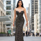 Black and gold beaded wavy neck strapless corset dres