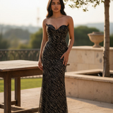 Black and gold beaded wavy neck strapless corset dres