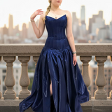 Shallow Vneck navy blue liquid taffeta drop waist dress with slit and lace up back