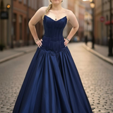Shallow Vneck navy blue liquid taffeta drop waist dress with slit and lace up back