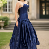 Shallow Vneck navy blue liquid taffeta drop waist dress with slit and lace up back