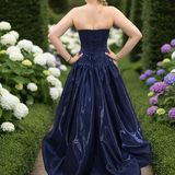 Shallow Vneck navy blue liquid taffeta drop waist dress with slit and lace up back