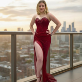 Dark red crystal mesh strapless sweetheart neckline mermaid dress with high slit for buy