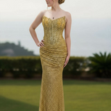 Gold beaded daisy sequin flowers dress with basque waist and open back