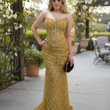 Gold beaded daisy sequin flowers dress with basque waist and open back