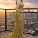 Gold beaded daisy sequin flowers dress with basque waist and open back