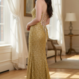 Gold beaded daisy sequin flowers dress with basque waist and open back
