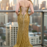 Gold beaded daisy sequin flowers dress with basque waist and open back
