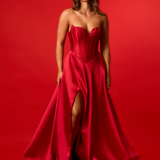 Wavy neckline scarlet Aline dress with high slit