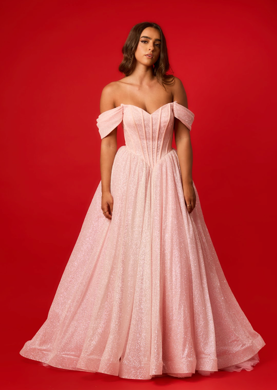 Sparkling pink Basque waist dress with off the shoulder details hire Destiny Chic Sparkling pink Basque waist dress with off the shoulder details hire Destiny Chic