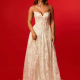 Wavy neckline sparkling ivory Aline dress with high slit and glittered mesh