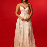 Wavy neckline sparkling ivory Aline dress with high slit and glittered mesh