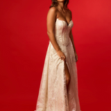 Wavy neckline sparkling ivory Aline dress with high slit and glittered mesh