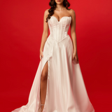Wavy neckline white Aline wedding dress with high slit