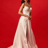 Wavy neckline white Aline wedding dress with high slit
