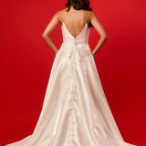 Wavy neckline white Aline wedding dress with high slit