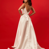 Wavy neckline white Aline wedding dress with high slit