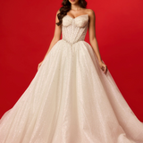 White sparkling corset princess dress with basque waist for hire