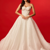 White sparkling corset princess dress with basque waist for hire