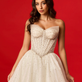 White sparkling corset princess dress with basque waist for hire