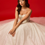 White sparkling corset princess dress with basque waist for hire