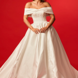 Off-the-Shoulder Satin Ball Gown with Long Train wedding dress for hire