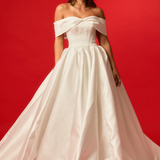 Off-the-Shoulder Satin Ball Gown with Long Train wedding dress for hire